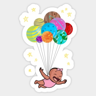 Balloon Planets And Smiling Flying Baby Girl Sticker